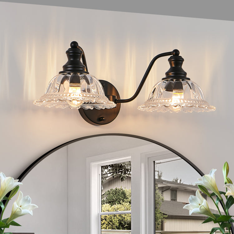 20 Inch 2 Light Vintage Bathroom Wall Sconce Elegant Black Metal And Glass Lampshade Vanity Light Fixture For Bathroom, Hallway, Or Bedroom Bulb Not Included