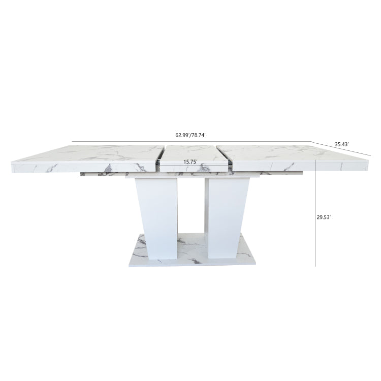 Extendable Dining Room Table For 6 10, Modern All White Faux Marble Rectangle Dining Table With Dual Column Pedestal Base, Expandable Kitchen Table