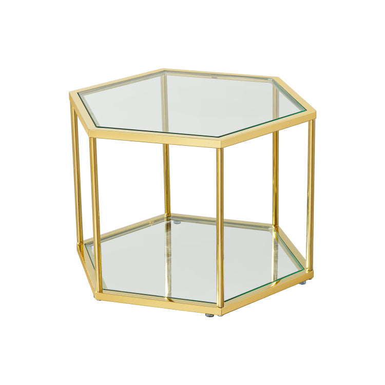 Luxury Hexagonal Side Table, Clear Tempered Glass Top With Gold Stainless Steel Frame, Accent Coffee Table For Living Room, Bedroom, Or Office