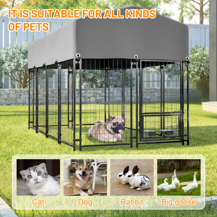 Dog Kennel Outdoor With Roof, 4.23'X7.81'X4.83' Welded Wire Enclosure, Heavy Duty Dog Crate With Uv Resistant Waterproof Cover, Double Lock & Rotating Feeder For Medium Large Dogs