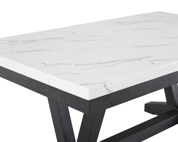1Pc Transitional Modern Formal Dining Table White Faux Marble Rectangular Table Top Trestle Base Black Finish Legs Wooden Dining Room Furniture