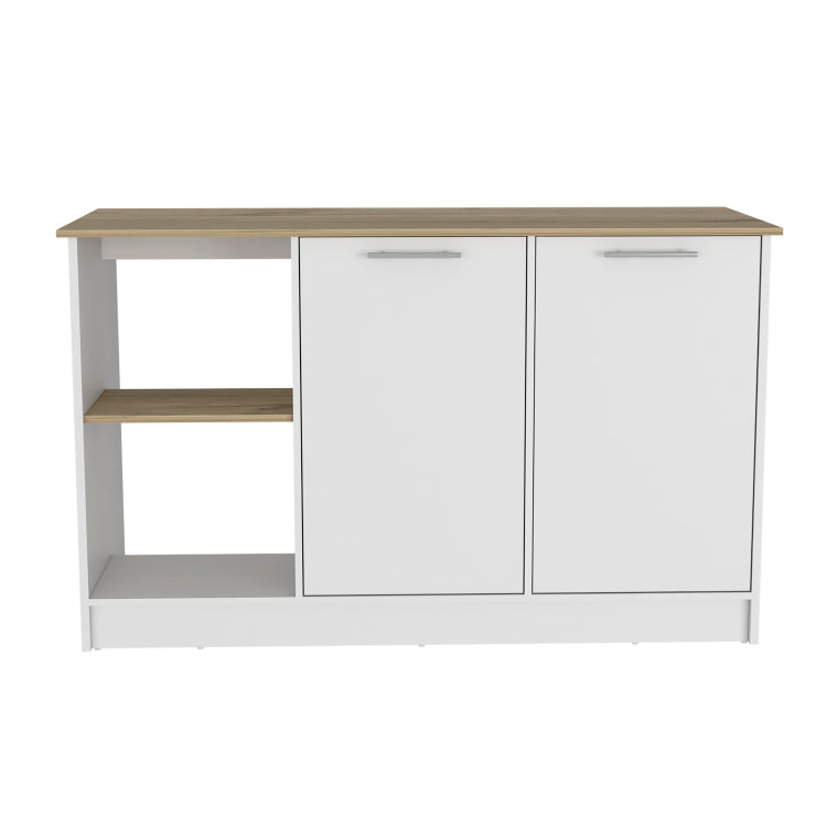 Kitchen Island With Large Countertop, Open Storage Shelves And Double Door Cabinet, White Light Oak