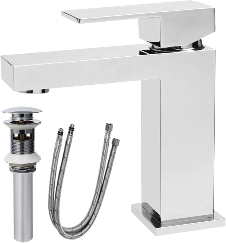 Modern Chrome Bathroom Faucet, Single Hole Bathroom Faucet, Solid Brass Chrome Polished Bathroom Sink Faucet, Single Handle Heavy Duty Square Basin Vanity Square Bathroom Faucet With Pop Up Drain