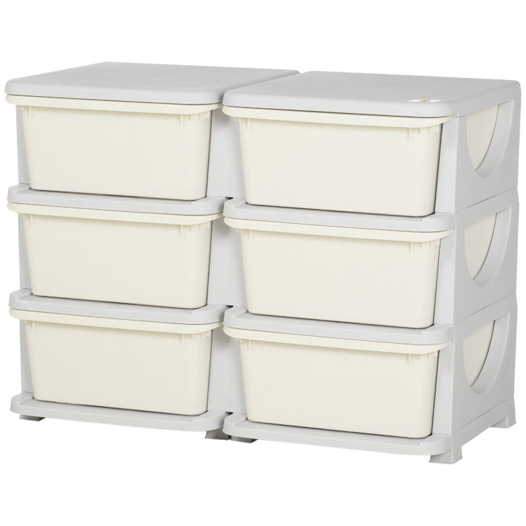 Qaba 3 Tier Kids Storage Unit, 6 Drawer Chest Toy Organizer Plastic Bins For Kids Bedroom Nursery Kindergarten Living Room For Boys Girls Toddlers, Cream