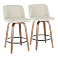 Mid Century Modern Counter Stool In Walnut And Cream Fabric Set Of 2