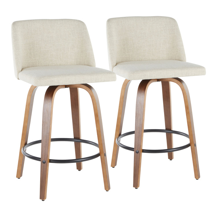 Mid Century Modern Counter Stool In Walnut And Cream Fabric Set Of 2