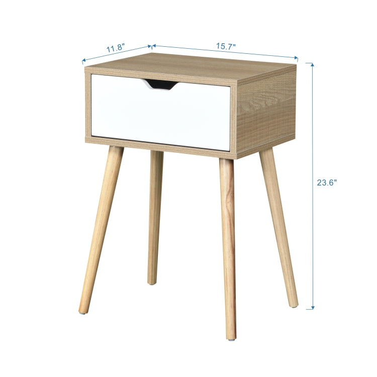 Side Table With 1 Drawer And Rubber Wood Legs, Mid Century Modern Storage Cabinet For Bedroom Living Room Furniture, White With Solid Wood Color