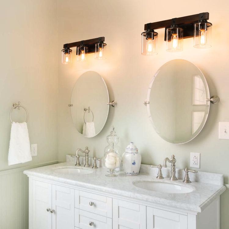 19" Rustic 3 Light Vanity Light, Industrial Bathroom Wall Sconce With Glass Shades And Wood Accent, Modern Farmhouse Lighting Fixture No Bulbs