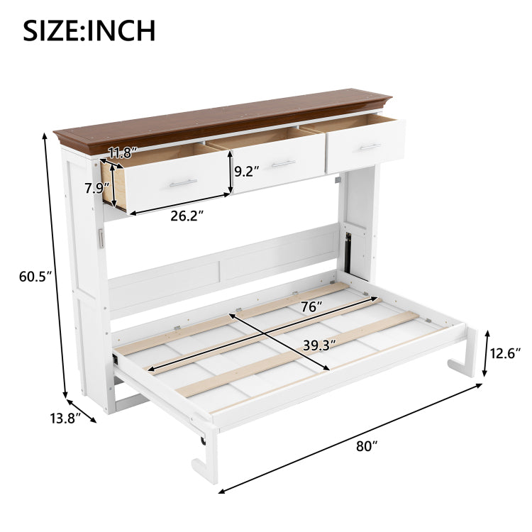 Twin Size Murphy Bed With 3 Drawers, White