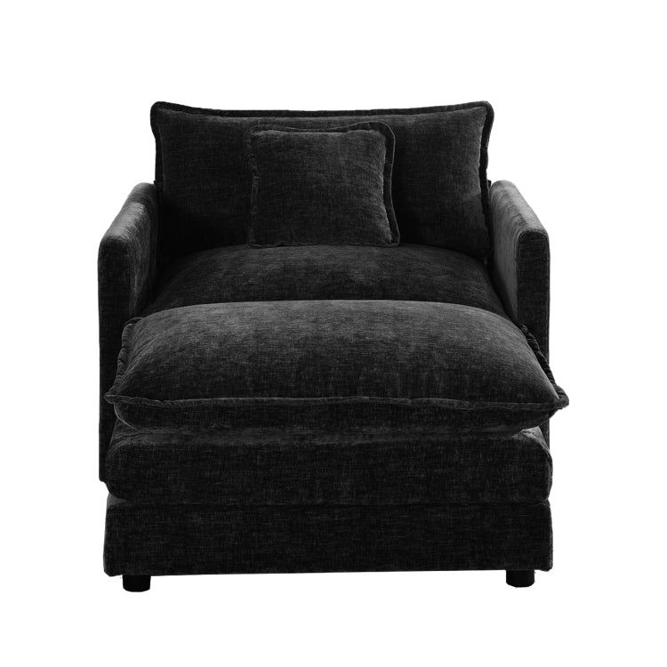 Modern Accent Chair With Ottoman, Living Room Club Chair Chenille Upholstered Armchair , Reading Chair For Bedroom, Black Chenille