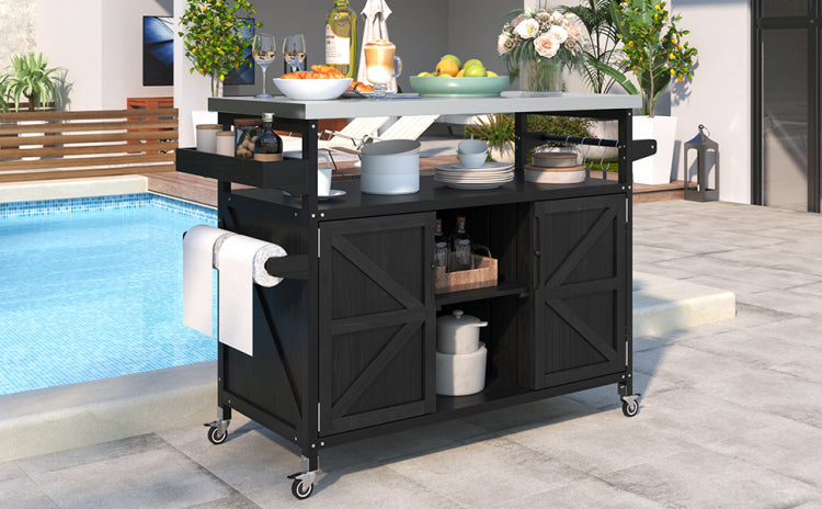 K&K Outdoor Kitchen Island, Rolling Bar Cart & Storage Cabinet, Farmhouse Solid Wood Outdoor Grill Table With Stainless Steel Top, Spice Rack , Towel Rack For Kitchen & Barbecue, Black