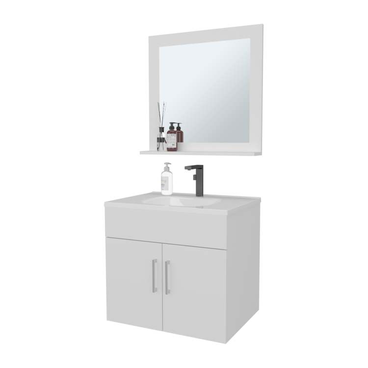White 2 Door Floating Bathroom Vanity Set With Sink And Mirror