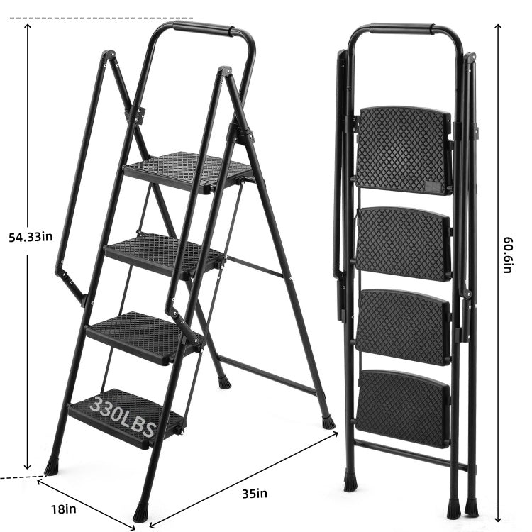 Four Step Ladder, Lightweight Folding Four Step Stool, Wide Anti Slip Pedal And Safety Handle, Sturdy Steel Ladder, Multi Purpose Step Ladder, Suitable For Home, Kitchen, And Office Elevators