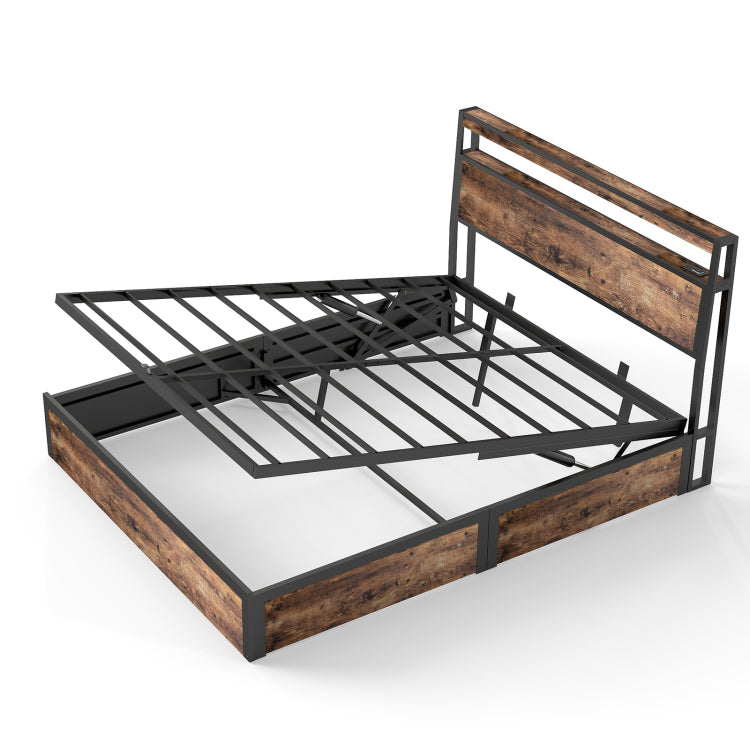 Full Size Rustic Brown Hydraulic Lift Storage Bed Frame Metal Noise Free Structure Rgb Led Lights Usb Type C Charging Station, No Box Spring Needed
