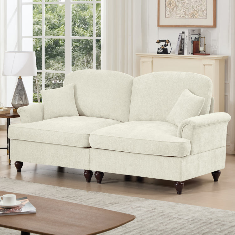 Elegant Mid Century Oversized Large Two Seater Sofa Couch With Flared Arms And Removable Ruffles Pleats Skirts And Spindle Legs, Comfy Chenille Two Seat Love Seat Sofa For Living Room, Beige White