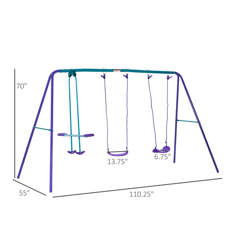 Outsunny Metal Swing Set With Glider, Two Swing Seats And Adjustable Height, Outdoor Heavy Duty A Frame Suitable For Playground, Backyard, Purple