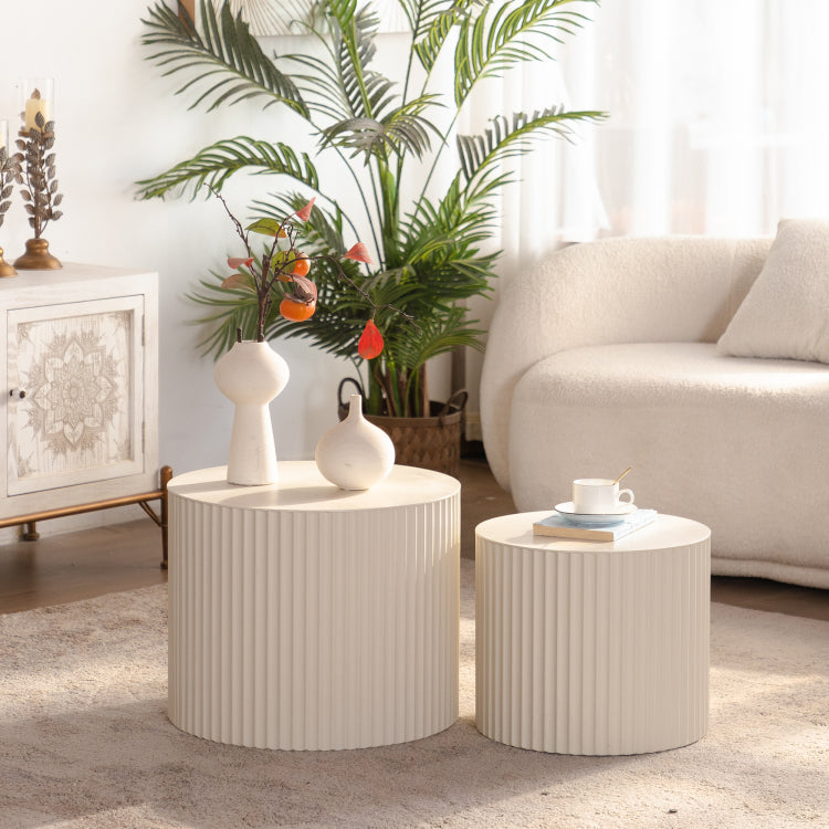 Beige Nesting Coffee Table Set Of 2 Modern Drum Side Table End Table Wave Stripe Round Coffee Table For Living Room