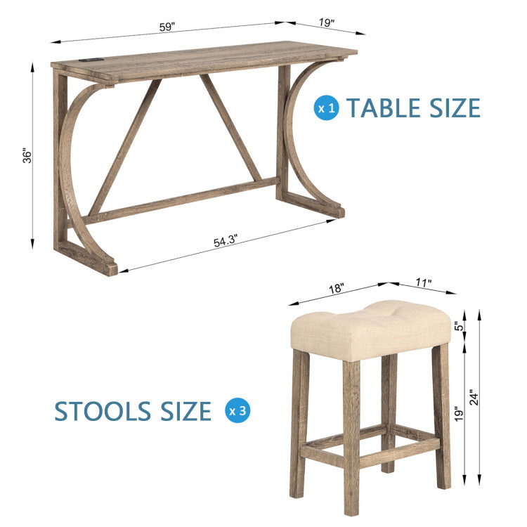 4 Piece Bar Table Set With Power Outlet, Dining Bar Table And Chairs Set,Bar Table Set With 3 Padded Stools For Living Room, Dining Room, Game Room, Brown
