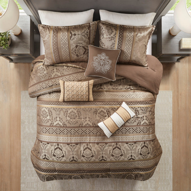 7 Piece Jacquard Comforter Set Brown Gold Queen