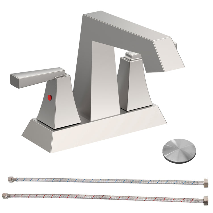 2 Handle Bathroom Sink Faucet Brushed Nickel 4 Inches Centerset Vanity Faucet 3 Hole Bathroom Faucet With Pop Up Drain & Supply Lines Modern Commercial Bathroom Faucets Lavatory Faucet 4069 Np