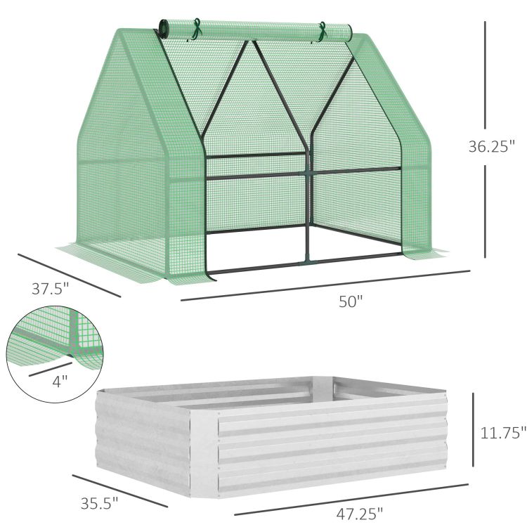 Outsunny Galvanized Raised Garden Bed With Mini Greenhouse Cover, Outdoor Metal Planter Box With 2 Roll Up Windows For Growing Flowers, Fruits, Vegetables, And Herbs, 50" X 37.5" X 36.25", Green