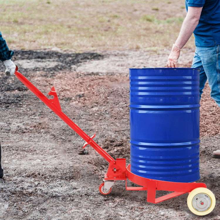 55 Gallon Drum Dolly, 1200Lbs Capacity, With 2 Fixed Pu Wheels And 1 Swivel Wheel Low Profile Steel Oil Drum Caddy Oil Barrel Drum Roller Hand Cart Red