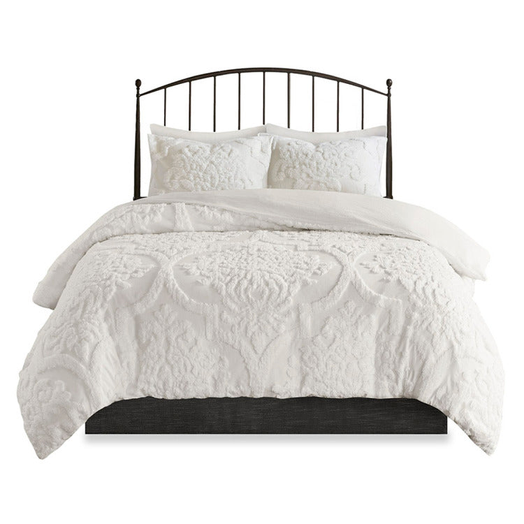 3 Piece Tufted Cotton Chenille Damask Comforter Set Off White Full Queen