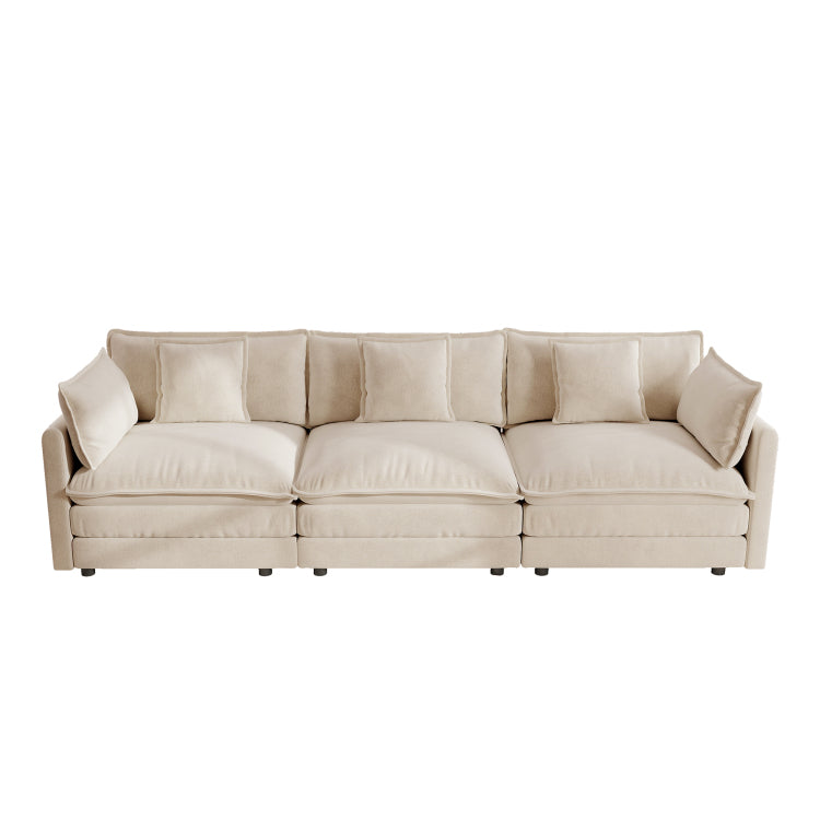 Mid Century Modern Couch 3 Seater Sofa With 2 Armrest Pillows And 3 Toss Pillows, Couch For Living Room Light Coffee Chenille