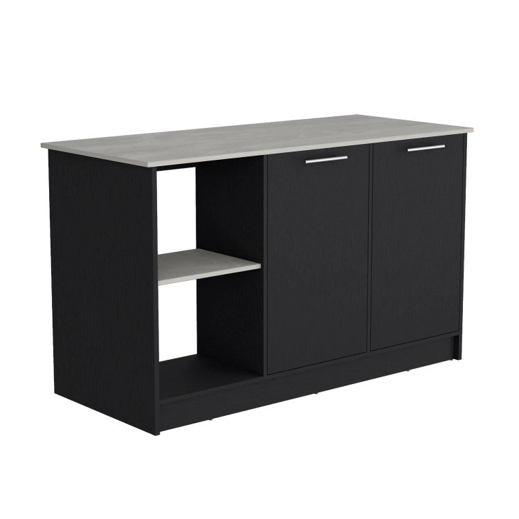 Kitchen Island With Large Countertop, Open Storage Shelves And Double Door Cabinet, Black Onyx