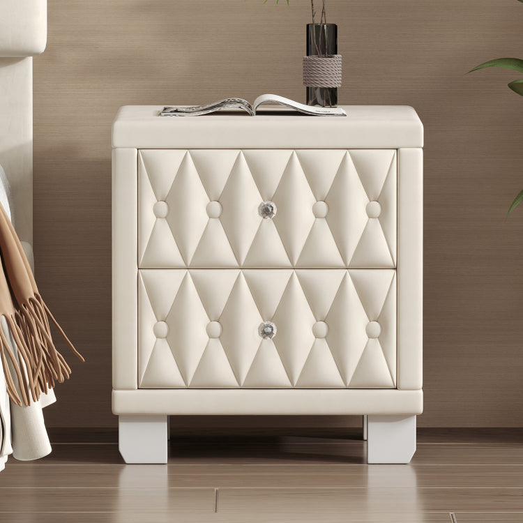 Elegant Velvet Nightstand With 2 Drawers And Crystal Handle, Storage Bedside Table With Button Tufted, Beige
