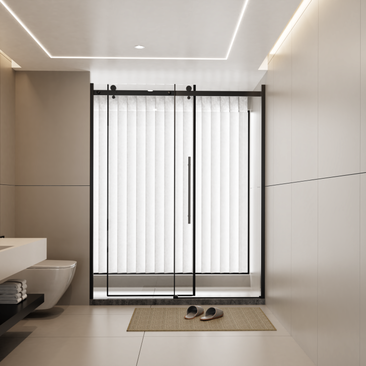 60.In W X 72.In H Frameless Shower Door Single Sliding, 1 4 Inch Thick Clear Tempered Glass Shower Door With Zinc Roller Rail System, Stainless Steel Handle, Black