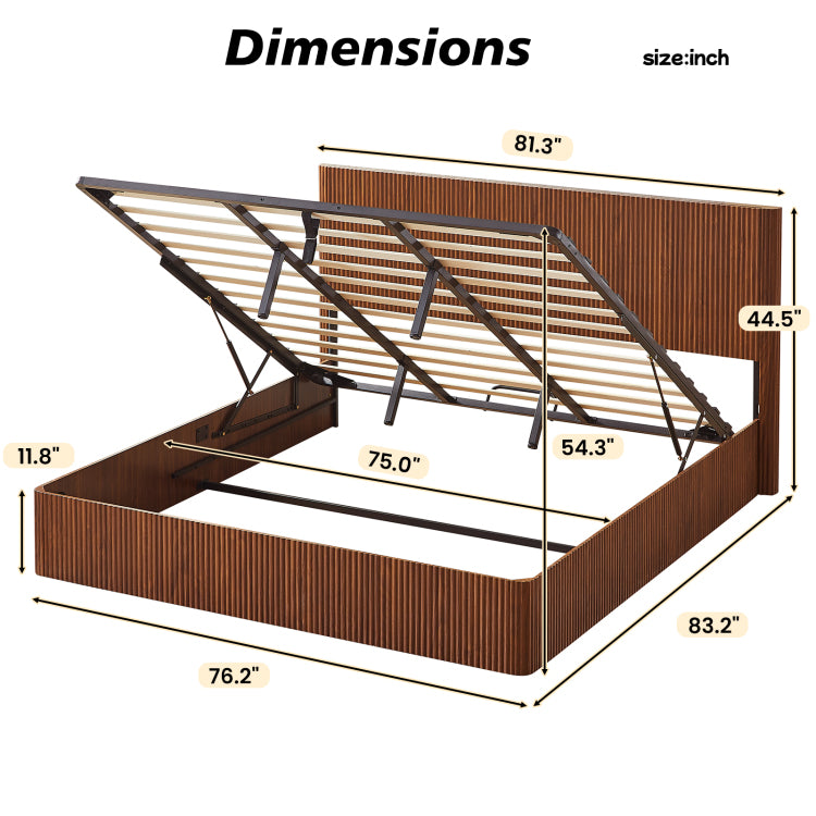 King Size Lift Up Storage Bed Frame, Wooden Corrugated Curved Lines, Hydraulic Storage No Box Spring Needed, Walnut
