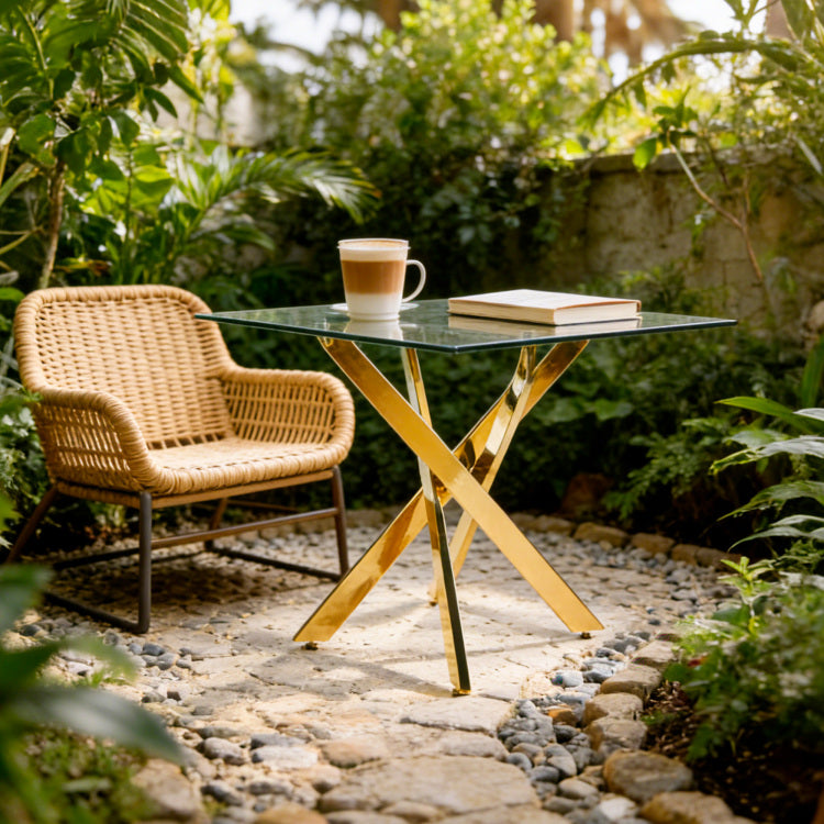 Dining Table With Cross Metal Leg And Tempered Glass,Modern Space Saving Kitchen Table For Living Room,Chrome Legs,Square Table,Golden Legs,90X90X75Cm