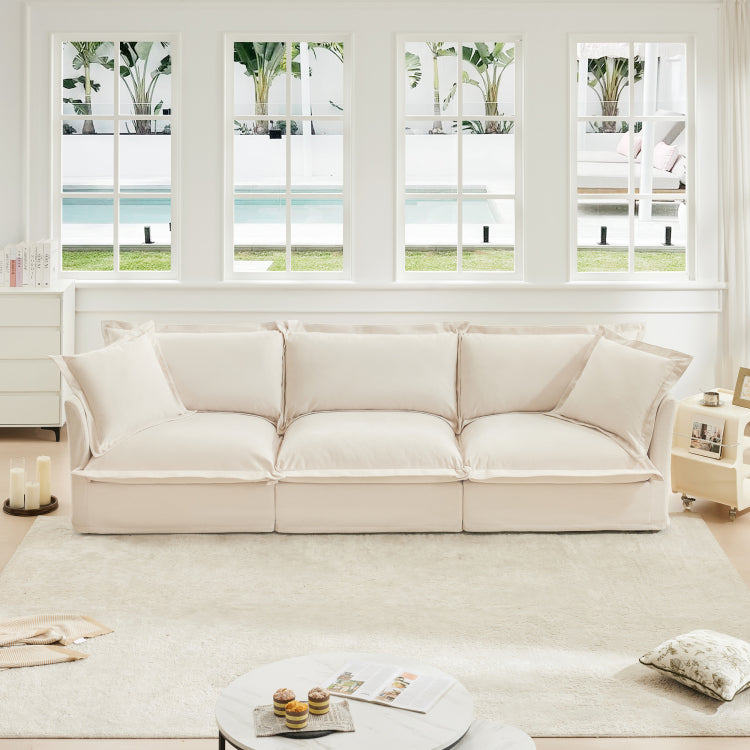 Slipcovered Sofa Couch, Modern 3 Seater Sofa With Suppleness Armrests, Chenille Fleece Deep Seat Sofa With Soft Multiple Big Pillows, Comfy Couch For Living Room, Apartment,Chenille Fabric, Cream