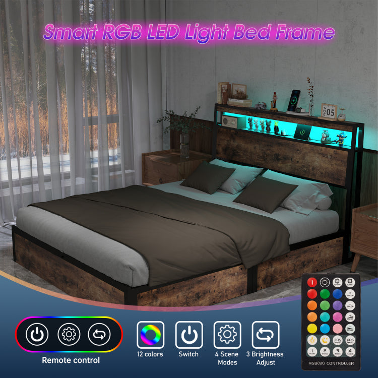 Full Size Rustic Brown Hydraulic Lift Storage Bed Frame Metal Noise Free Structure Rgb Led Lights Usb Type C Charging Station, No Box Spring Needed