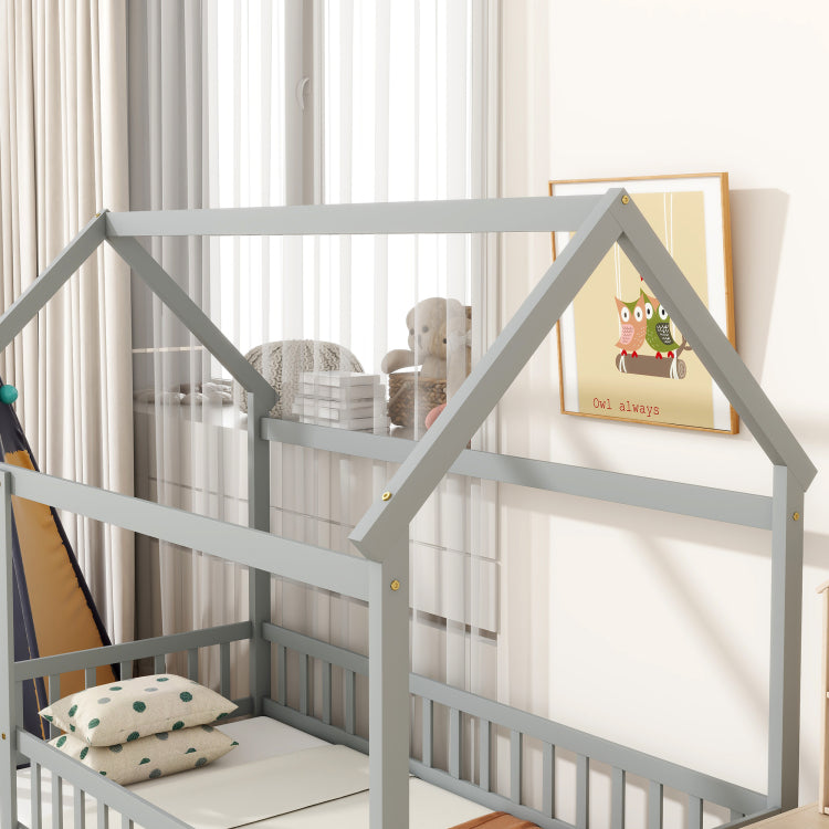 Twin Size House Floor Wooden Bed With Roof Frame,Safety Guardrails,Grey
