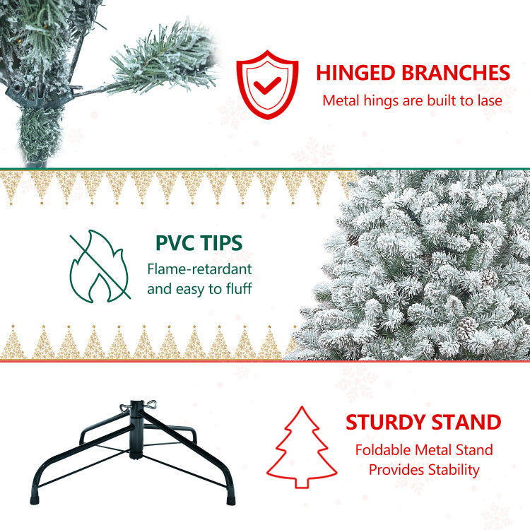 4Ft Flocked Christmas Tree With Pine Cones Snowy Pvc Artificial Holiday Tree, 366 Branch Tips, 21 Natural Pinecones, Sturdy Metal Stand, Full Shape For Seasonal Decoration