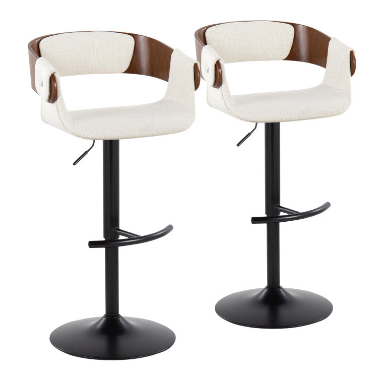Elisa Mid Century Modern Adjustable Barstool With Swivel In Black Metal, Walnut Wood And Cream Fabric With Rounded T Footrest By Set Of 2