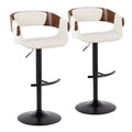Elisa Mid Century Modern Adjustable Barstool With Swivel In Black Metal, Walnut Wood And Cream Fabric With Rounded T Footrest By Set Of 2