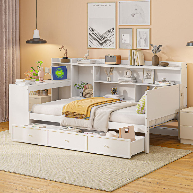 Twin Size Wooden Daybed With 3 Drawers, Usb Ports And Desk , White