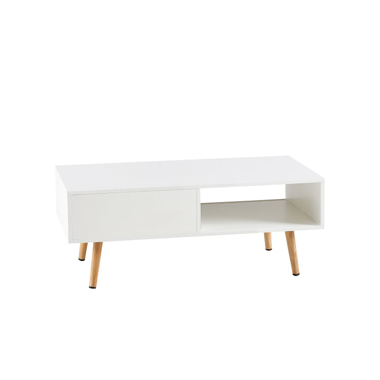 41.34" Rattan Coffee Table, Sliding Door For Storage, Solid Wood Legs, Modern Table For Living Room ,White