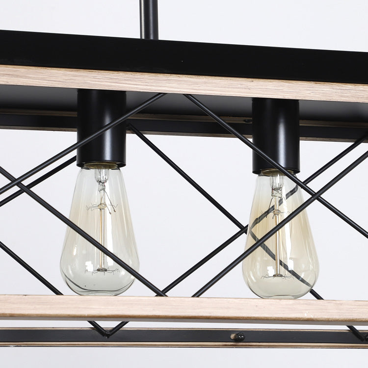 32" Oak Industrial 5 Light Pendant Chandelier, Modern Metal Cage Design, Adjustable Hanging Light For Dining Room, Kitchen, Living Room No Bulbs