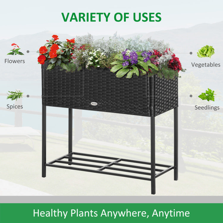 Outsunny Raised Garden Bed, Elevated Planter Box With Rattan Wicker Look, Tool Storage Shelf, Portable Design For Herbs, Vegetables, Flowers, Black