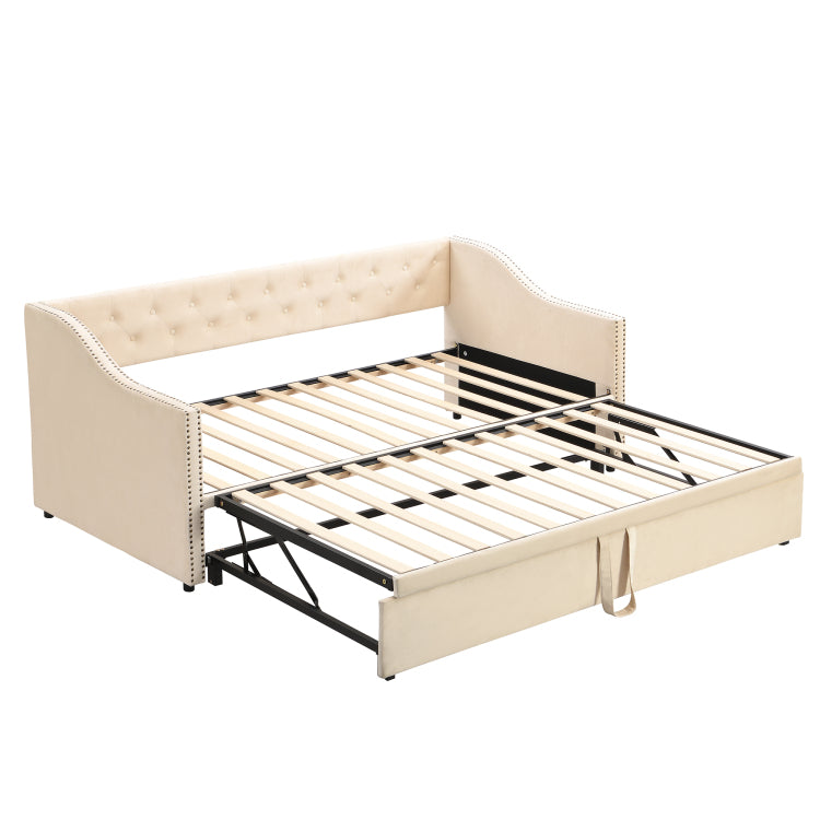 Twin Size Upholstered Daybed With Pop Up Trundle, Beige
