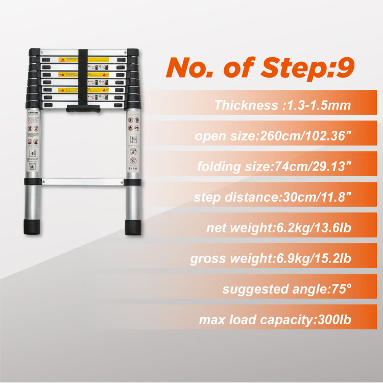 Telescoping Ladder 8.5Ft, Telescopic Extension Ladder, Aluminum Alloy Folding Ladder Portable Multi Purpose For Indoor Outdoor Work, Heavy Duty 300 Lbs Load