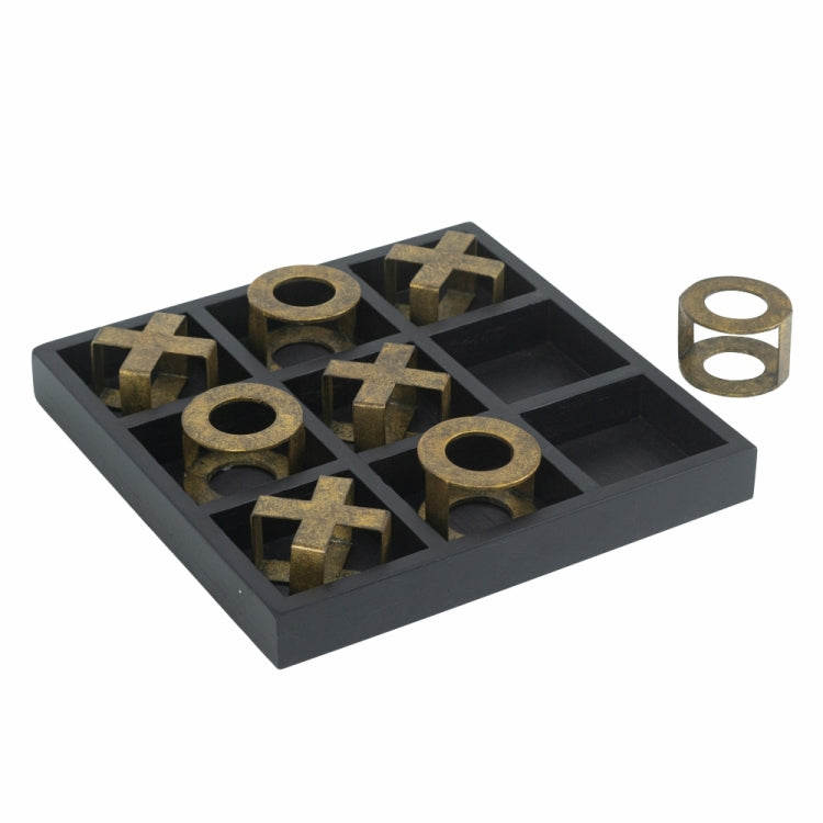 9.8X9.8X1.2" Black Wooden Tic Tac Toe Game Set With Gold Iron Pieces