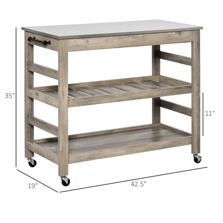 Homcom Rolling Kitchen Cart With Stainless Steel Countertop, 1 Bottom Shelf, 1 Slotted Middle Shelf And 4 Castor Wheels, Grey
