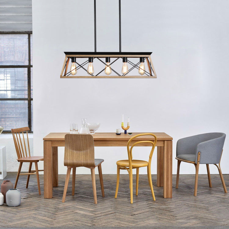 32" Oak Industrial 5 Light Pendant Chandelier, Modern Metal Cage Design, Adjustable Hanging Light For Dining Room, Kitchen, Living Room No Bulbs