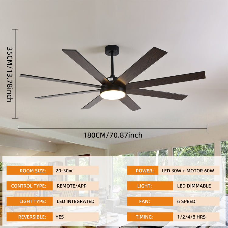 72" With Light, 6 Speed Remote Control, Reversible Dc Motor, Modern 8 Blades With 6" 12" 19.5" Downrods For Home Or Commercial Black Walnut