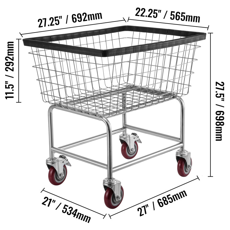 Wire Laundry Cart, 2.5 Bushel Wire Laundry Basket With Wheels, 21''X27''X27.5'' Commercial Wire Laundry Basket Cart, Steel Frame With Chrome Finish, 4Inch Casters, Wire Basket Cart For Laundry